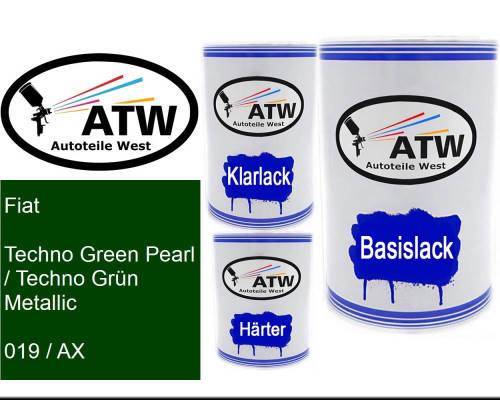 Fiat, Techno Green Pearl / Techno Grün Metallic, 019 / AX: 500ml Lackdose + 500ml Klarlack + 250ml Härter - Set, von ATW Autoteile West.